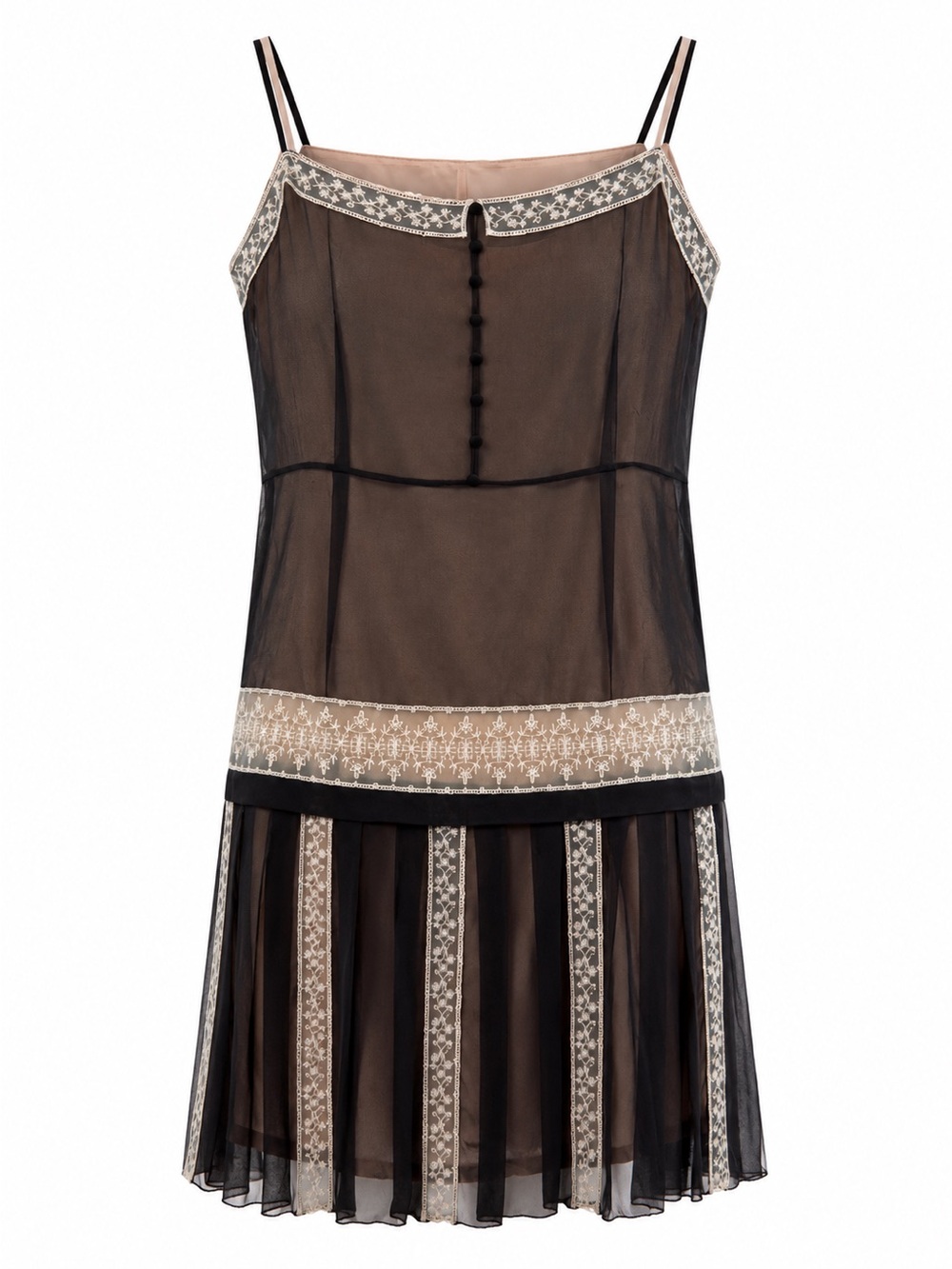 Robert Rodriguez Black Sheer Silk Embroidered Dress With Lace Panels Size 2